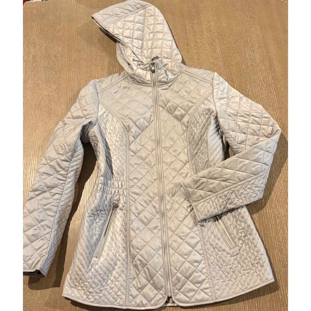 Laundry by Shelli Segal Womens M Quilted Hooded Jacket Gray Leopard Lined EUC